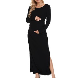 Smallshow Women's Ruched Maternity Dress Split Long Sleeve Pregnancy Clothes Medium,Black