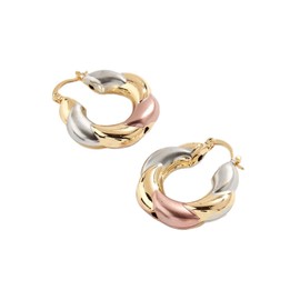 Women's Tri Color Twisted Hoop Earrings - Gold Silver and Rose Gold Tone Trendy Statement Earrings