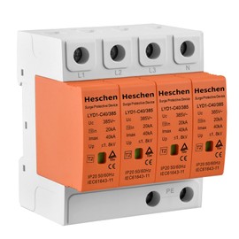 Heschen Surge Protective Device, LYD1-C40/385, 4P 385V 20KA Fire-Proof, Low-Voltage Arrester, 35mm DIN Rail Mounting