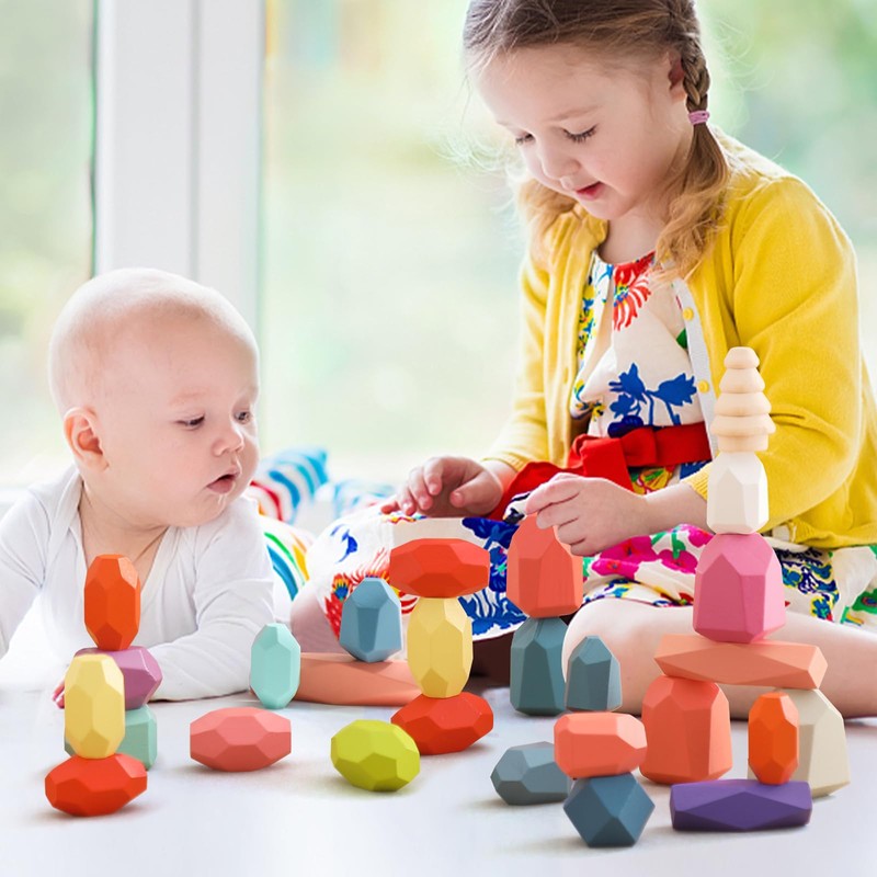 OESSUF Stacking Rocks 48Pcs Stacking Blocks Balancing Stacking Stones Wooden