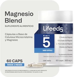 LIFEED Magnesio Blend 60 Cápsulas | Suplemento Alimenticio | 5 Mezclas: Citrato, Glicinato, L-Treonato, Malato y Estearato | 600 Miligramos por Porció