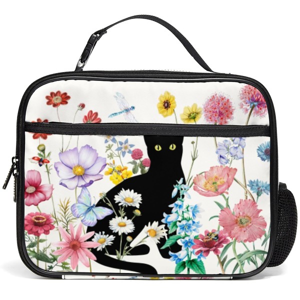 Large Cat Lunch Box for Women Girls, Insulated Floral Lunch