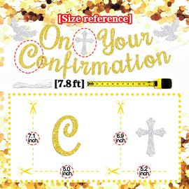 On Your Confirmation Banner, God Bless/First Holy Communion, 1st Birthday, Religious Christening Baptism Baby Shower Party Decorations Supplies, Gold Glitter
