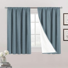 PrinceDeco Natural Linen Curtains 45 inches for Small Window Rod Pocket Complete Blackout Drapes with White Liner,Thermal Insulated & Noise Reducing Panels(Set of 2, Stone Blue)