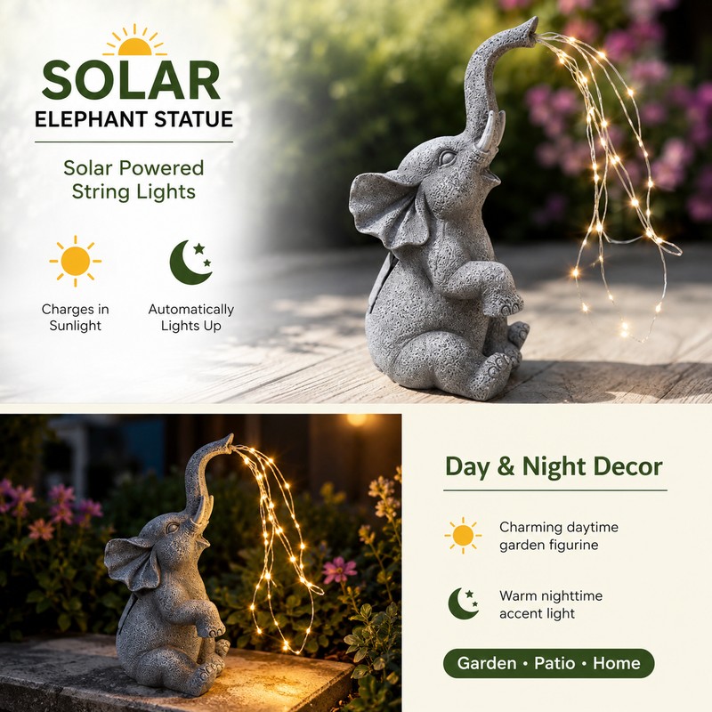 Solar Elephant Garden Statue with LED String Lights – Resin