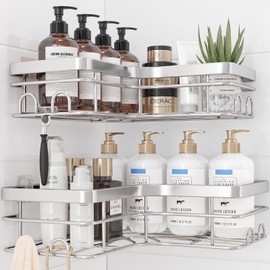 Sakugi Corner Shower Caddy - 2 Pack, Adhesive Shower Organizers, Rustproof Stainless Steel Shower Shelves with 8 Hooks, No Drilling Bathroom Organizers and Storage Racks, Space-Saving, Silver, Large