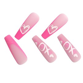 Valentines Day Press on Nails Medium Coffin Love Heart Fake Nails, Pink Glitter White Graffiti Heart Acrylic Nails, Frosted Gel False Nails Kit Salon Quality Stick Glue on Nails Tip, 24 Pcs