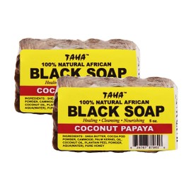 Taha African Black Soap Bar, Organic & 100% Natural, Soothing & Moisturizing, Healthy Cleansing – Great for Blemishes, Acne, Dry Scalp, and More, Natural Scent, 5 Oz (Coconut Papaya, Pack of 2)