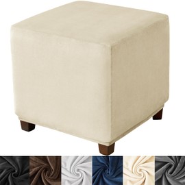 HFCNMY Ottoman Cover Square,Stretch Velvet Square Ottoman Cover Thick Ottoman Slipcover Square Washable Storage Ottoman Cover Foot Stool Cover with Elastic Bottom Beige Small
