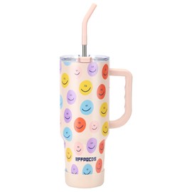 RFFPQCDS 40 oz with Handle and Silicone Sleeve | 100% Leakproof Insulated Tumbler | Stainless Steel Straws with Silicone Tips | Insulated Water Bottle Stainless Steel Cup | Smiley Face Design