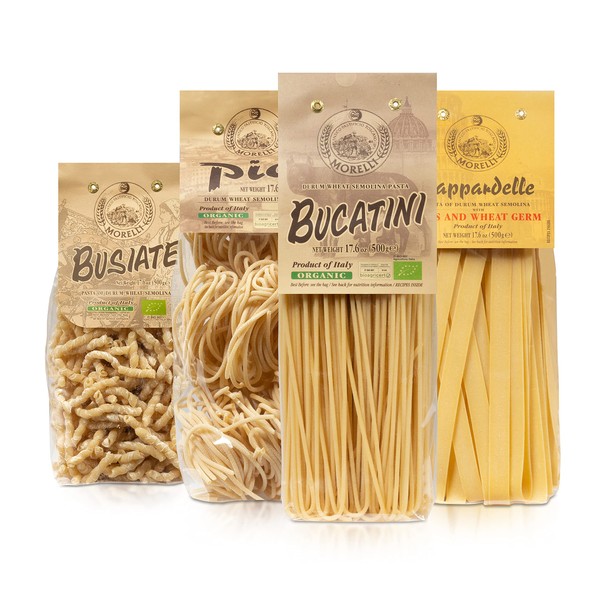 Bellina Busiate, Pappardelle, Pici, and Bucatini Pasta Variety Pack - Imported Italian Pasta Sampler - Specialty Assortment Includes Four-17.6 oz Packages of Gourmet Pasta from Italy