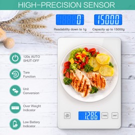 ORIA Digital Kitchen Scale, 15kg/33lb Food Scale, 1g Precise Graduation, Waterproof Tempered Glass Platform, High Accuracy Multi-Function Scale for Cooking Baking (White)