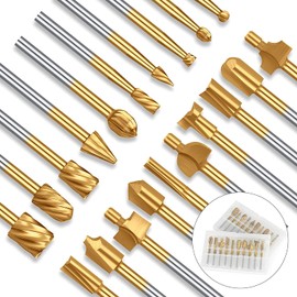 EEEKit 20PCS HSS Router Bit Set, Titanium Coated 10Pcs Router Carbide Engraving Bits & 10Pcs Wood Router Bit with 1/8 Inch Shank Fit for Dremel Rotary Tool Accessories DIY Woodworking Carving