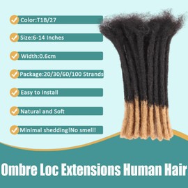 Viovian 0.6cm Dreadlock Extensions Human Hair 6 Inch 20 Strands Ombre Loc Extensions Human Hair Dreads Extensions for Men Human Dread Extensions Color 1b/27