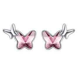 AOBOCO Pink Butterfy Gifts - Sterling Silver Chasing Butterfly Earrings Pink Crystal Butterfly Earrings, Hypoallergenic Stud Earrings, Anniversary Birthday Butterfly Jewelry Gifts for Women Daughter