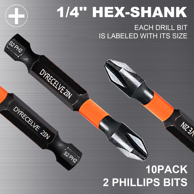 10-Pack Phillips Bits #2 Impact, 2-Inch Magnetic Phillips Head Drill