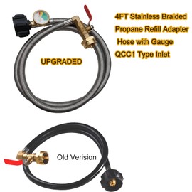 4FT/48 Inch Propane Refill Adapter Hose with Gauge Stainless Braided QCC1 Type Inlet Extension Propane Refill Hose with ON/Off Control Valve for 1LB Propane Gas Tank 350PSI High Pressure Camping