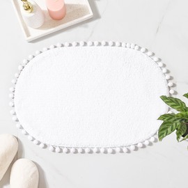 YIRDDEO Bath Mat White Rug with Pom Oval Bathroom Rugs for Bedroom Non Slip Cute Boho Absorbent Mats Soft Plush Washable Rug (20 x 30 inches)