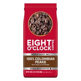 Eight O'Clock Coffee 100% Colombian Peaks Whole Bean Coffee, Medium Roast, 30 Ounce (Pack of 1) - Rich, Winey & Full Bodied
