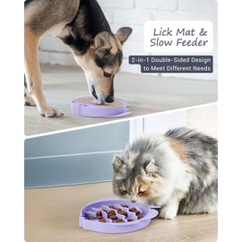 Coomazy 2-in-1 Silicone Slow Feeder Dog Cat Bowls, Lick Mat Interactive Puzzle Toy for Pets Dry/Wet Food Training, Keeps Dogs Cats Busy, Prevents Puppy Kitty Overeating (Purple, 1.2 Cup)