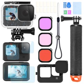 ShipeeKin Zubehör Set Kit für Gopro Hero 12 11 10 9 Black, Wasserdicht Tauchgehäuse Unterwasser Schwimmender Handgriff Glasfolie Rotfilter Silikon Schutzhülle mit Objektivabdeckung Anti-Fog-Einsätze