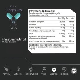 Eternal Nutrition Resveratrol 98% | Polifenoles y Antioxidante Premium (300 Caps) | 150 Porciones, 1000 mg | Antioxidante, Sirtuinas y Bienestar Cardi