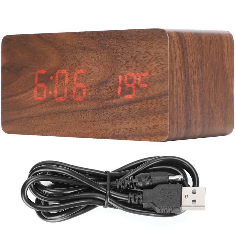 Wireless Charging Clock Digital LED Electronic Alarm Rectangular Wooden Bedside