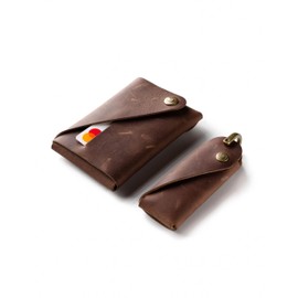 Crazy Horse Craft, Minimalist Wallet and Key Ring in Package, Wood Brown Wallet and Small Key Holder Set