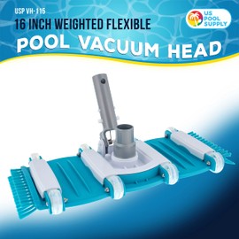 U.S. Pool Supply 16" Manual Pool Vacuum Head for Inground Pools, Side Brushes, Flexible, Weighted - Swivel Connection 1.25" or 1.5" Hoses - Cleaner Accessory Attachment, CleanDebris, Metal Pole Handle