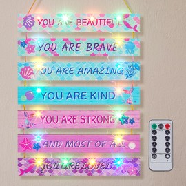 FIOBEE Girls Room Décor for Teen Girls Boys with LED Light Wall Decor for Bedroom Motivational Inspirational Wall Art Room Decoration for Kids Studyroom, 8 Kinds of Lights, Pink Green Mermaid