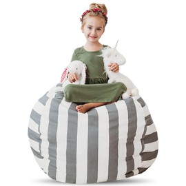 Creative QT Stuff ’n Sit Extra Large 38’’ Stuffed Animal Bean Bag Storage Cover for Toys, Giant Bean Bag Chair for Plush, Toddler & Kids Bedroom Organizer, Grey/White Striped