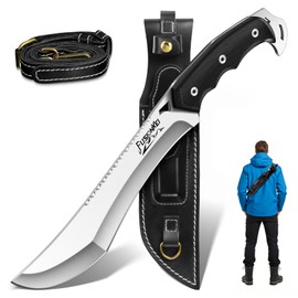 FUSIONKEI Kukri Fixed Blade Knife - Heavy Duty Outdoor Knife with Back Strap Leather Sheath, Full Tang Survival Knives for Cutting Wood, Cleaning Brush, Present Men Gifts