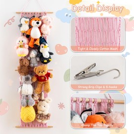 Pretty Jolly 47" Cotton Hanging Storage Net for Stuffed Animal with 20 Metal Clips Plushie Display Organizer Kid Room Nursery Decor Wall-Mounted Holder for Girls Boy Gift(Light Pink)