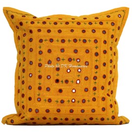 DK Homewares Decorative Sofa Cushion Covers 40 x 40 cm Cotton Mango Yellow Mirrored Embroidered Cushion Covers Couch Cushion Lace Geometric Square Decorative Cushion Covers - Set of 5 (Cover Only)