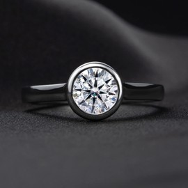 Raivari Moissanite Engagement Rings,1 CT Bezel Setting Round Lab Created Diamond Solitaire Promise Rings in 14K White Gold Plated Sterling Silver, Anniversary Rings for Women8.5