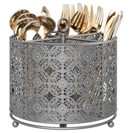 EKNITEY Rotating Utensil Caddy Countertop - Higher Raised Cutlery Caddy Holder - Metal Silverware Caddy Organizer with 4 Compartment for Kitchen Counter Party Office Silver
