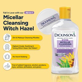 Dickinson's Micellar Cleansing Witch Hazel All-in-One Makeup Remover Pore Refiner Skin Cleanser and Toner Aloe Alcohol-Free for Sensitive Skin 16 oz Size / 디킨슨의 미셀라 클렌징 위치 헤이즐 올인원 메이크업 리무버 모공 리파이너 스킨 클렌저 및 토너 알로에 무알코올 민감성 피부용 16온스 Size