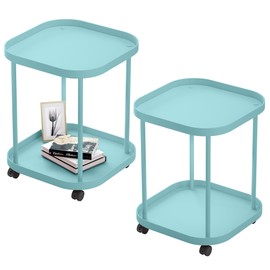 villertech Side Table with Wheels, End Table Living Room Plastic Mobile Sofa Side Table Small Night Stand Bedroom Blue (2 Pack)
