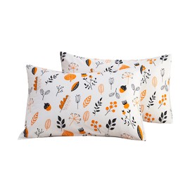 YuHeGuoJi White Pillow Cases Queen Size Set of 2 100% Cotton Orange Pillowcases Envelope Closure Floral Decorative Pillow Covers Farmhouse Botanical Leaves Patterned Pillow Case 20"x26"