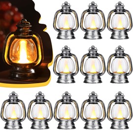 Ferraycle 12 Pcs Mini Lantern Decorative with LED Candle 4 Inch Small Hanging Lantern Ornaments Camping Table Centerpiece Vintage Lantern Ornament Bulk for Western Cowboy Xmas (Silver)