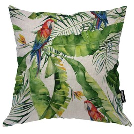Moslion Throw Pillow Cover Tropical Leaves Watercolor Flowers Animals Birds Parrot Summer Time Motif Square Pillow Case Cushion Cover for Home Car Decorative Cotton Linen 20x20 Inch
