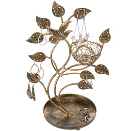 MyGift 14-Inch Bronze-Tone Tree & Bird Nest Earring Stand Jewelry Tower with Ring Trinket Organizing Tray