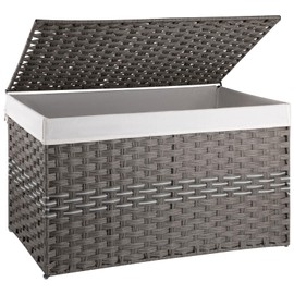 OIAHOMY Large Storage Basket with Lid, 42.3 Gallon (160L) Blanket Basket with Removable Liner Bag, Wicker Hamper with Handle, Foldable, Hamper for Bedroom, Grey