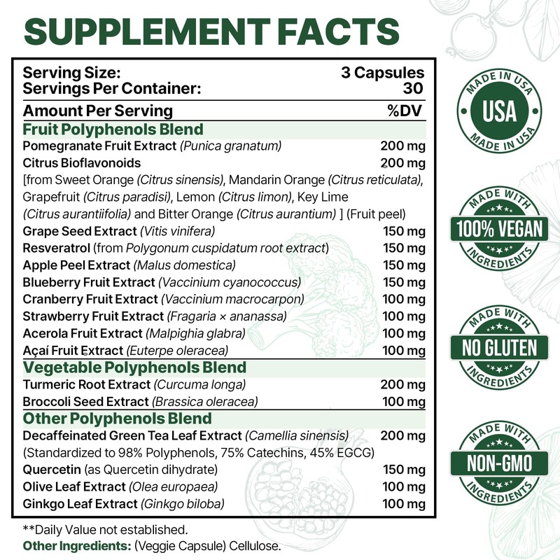 Zdoroviye 2250 MG Polyphenols Supplement Over 20 Fruits,Vegetables & Polyphenols,Quercetin,Resveratrol,Turmeric,Green