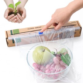JENCENBIO Cling Wrap Compostable Food Wrap Film with Slide Cutter 30cm Wide 61M Long for Kitchen ASTM 6400 Certified Clear
