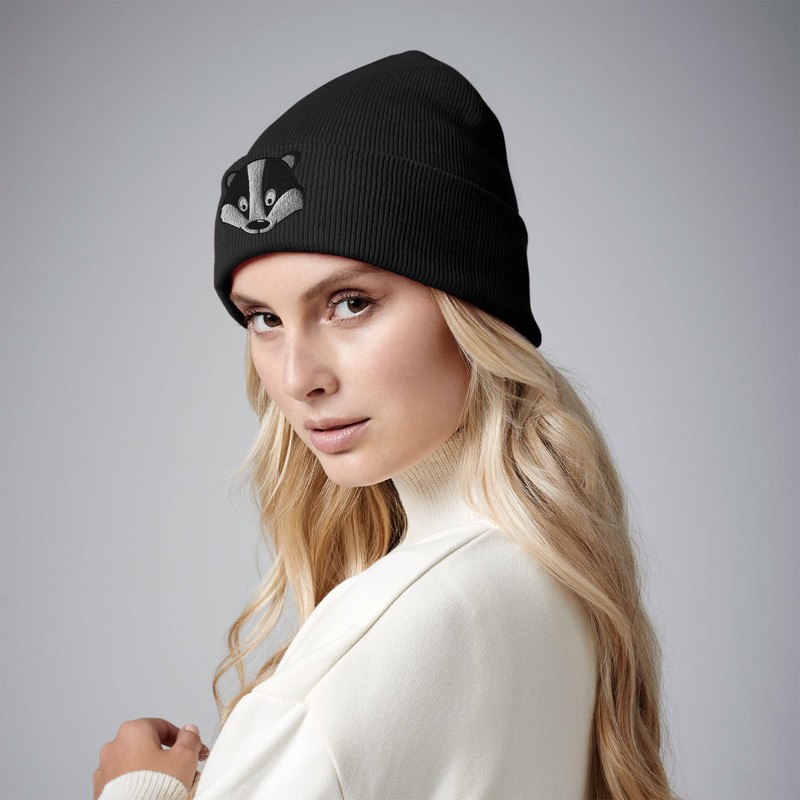 Badger Face Cute Animal Embroidered Beanie Hat Logo Men's -