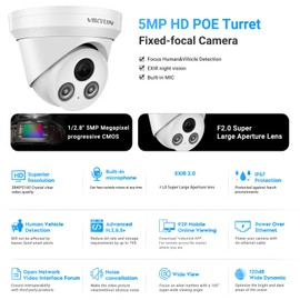 VIKYLIN 5MP Turret POE Camera, 5MP@30fps Outdoor IP Camera with Mic/Audio, AI Human/Vehicle Detection,98ft IR,IP67 5-Megapixel Security Surveillance Cameras