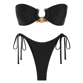 ZAFUL Tie Side Metallic Sparkly Glitter Metal Hardware Ring Bandeau Bikini Swimwear - (Black,M)