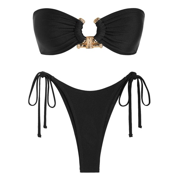 ZAFUL Tie Side Metallic Sparkly Glitter Metal Hardware Ring Bandeau