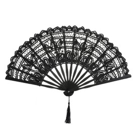 BABEYOND Cotton Lace Folding Handheld Fan Embroidered Bridal Hand Fan with Bamboo Staves for Wedding Decoration Dancing Party (Black2)